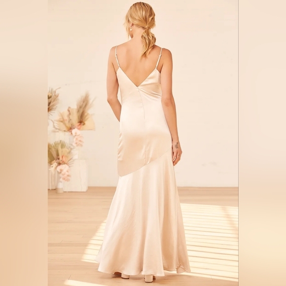 Lulus Moment in the Spotlight Champagne Satin Cowl Neck Maxi Dress L Wedding - Picture 5 of 9